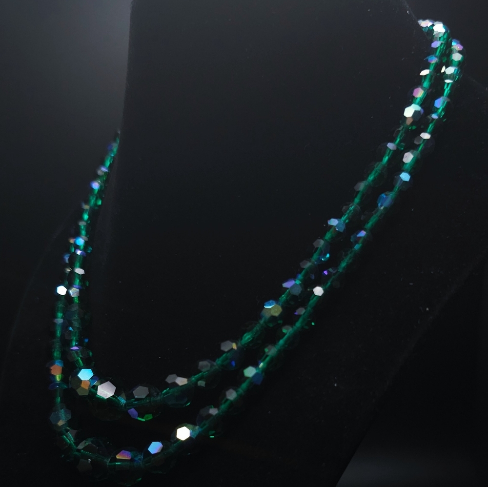 Vintage Czech AB coated emerald crystal double strand necklace.